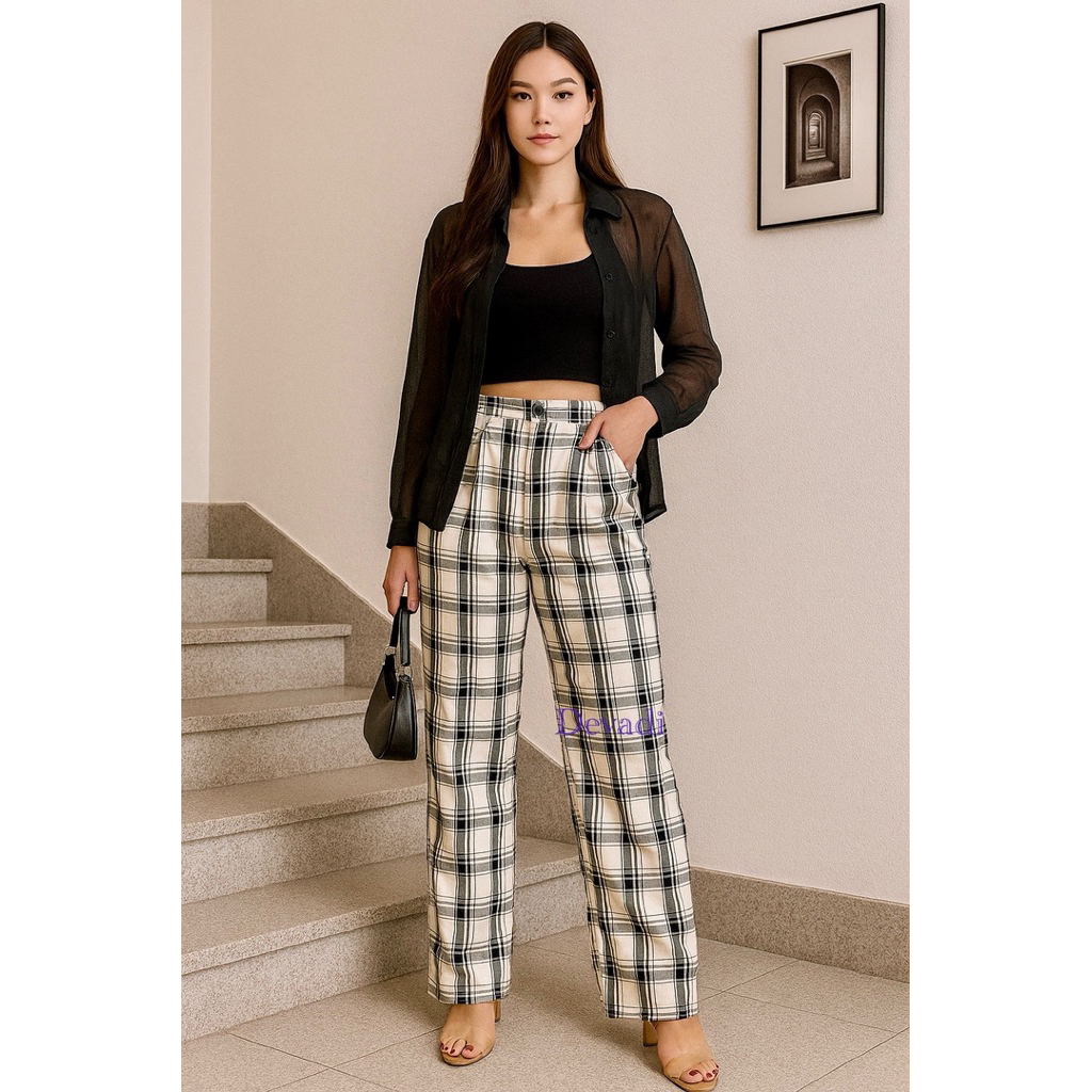 Celana Kulot Tartan Highwaist Wanita – Model Korea, Adem & Nyaman, Bahan Import Premium,Devadi