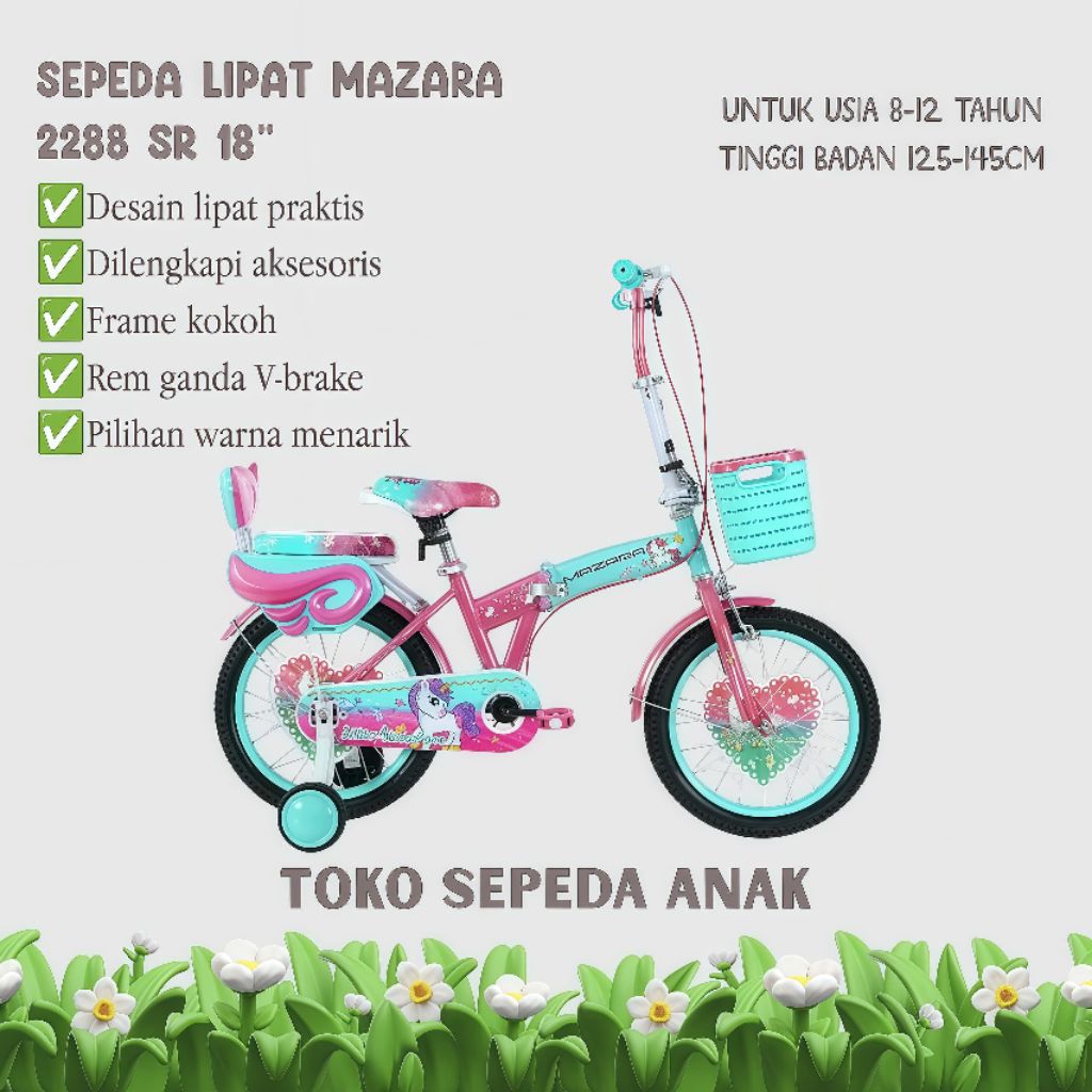 Sepeda Lipat Anak MAZARA 18 Inch Untuk Usia 8-12 Tahun | Rangka Kuat & Bisa Dilipat