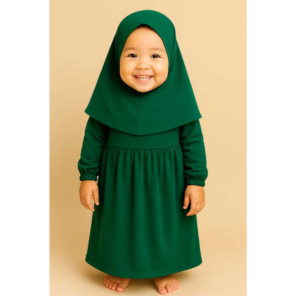 Gamis Hijab Bayi Shakira Fashion Muslim Anak Balita Perempuan Polos Katun Spandek Jersey Hijau Botol