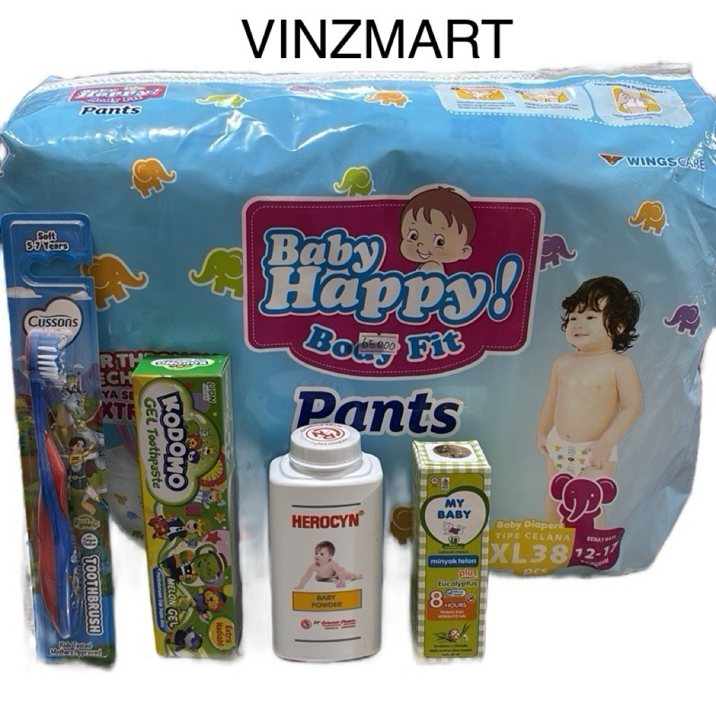 (C5) COMBO HEMAT BABY HAPPY XL38, Cussons Toothbrush, Kodomo Toothpaste, Bedak Herocyn Bayi 100g, my