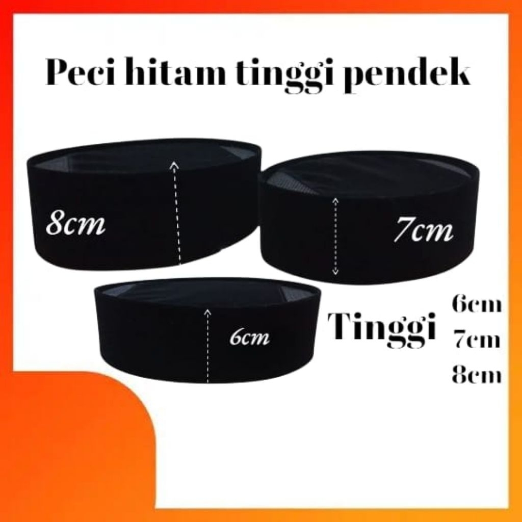 Peci Songkok kopiah hitam polos AC ukuran pendek 6cm,7cm,8cm,9cm
