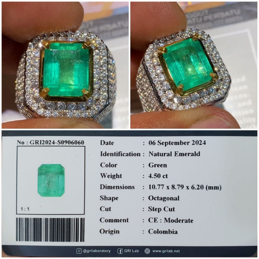 natural Emerald Beryl 4.50ct Jamrud zamrud Colombia Top Quality memo GRI plus Silver Mikrosett handm