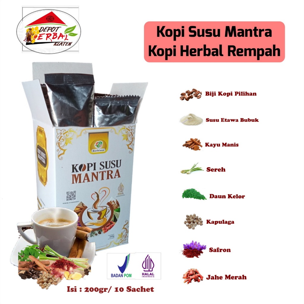 

Kopi Susu Mantra Herbal Rempah-Susu Etawa Bubuk-Jahe Merah-Kapulaga-Kayu Manis-Sereh-Kelor-Safron