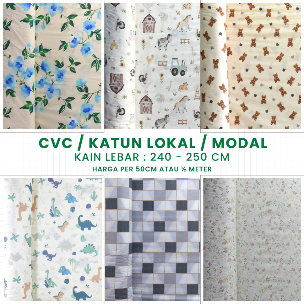 KAIN SPREI CVC KATUN LOKAL BEVERLY STAR ESRA MOTIF KARAKTER DINO BUNGA ABSTRAK METERAN LEBAR 250CM 1