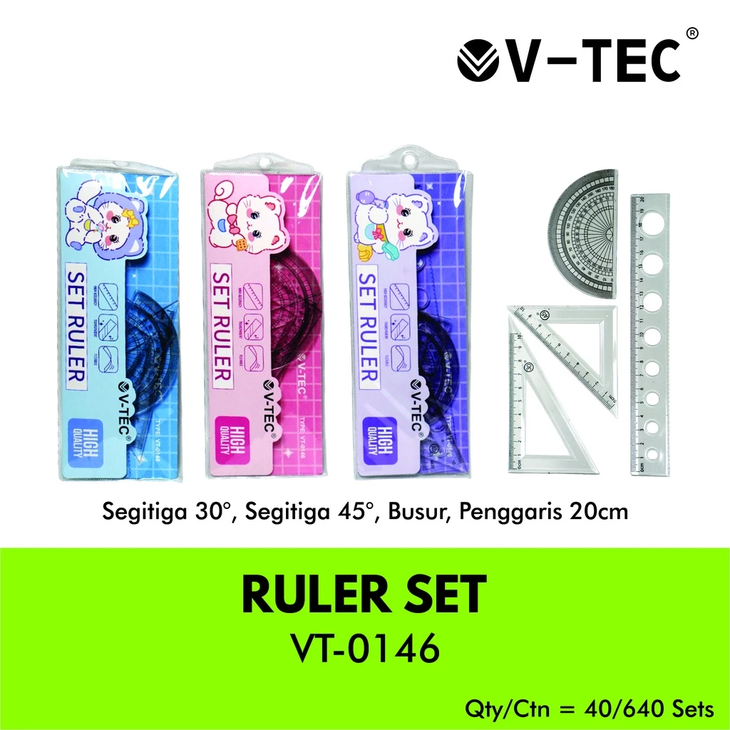 

V-TEC Set Ruler VT-0146 / Penggaris Plastik 1 Set Isi 4 pc / Ruller Set Transparant