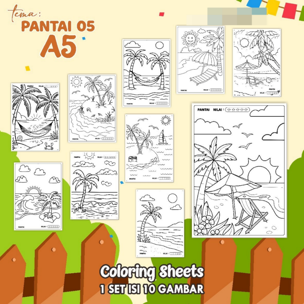 

KERTAS GAMBAR MEWARNAI TEMA PANTAI - LEMBAR COLORING SHEETS FOR KIDS ISI 10 LEMBAR [A5] READY