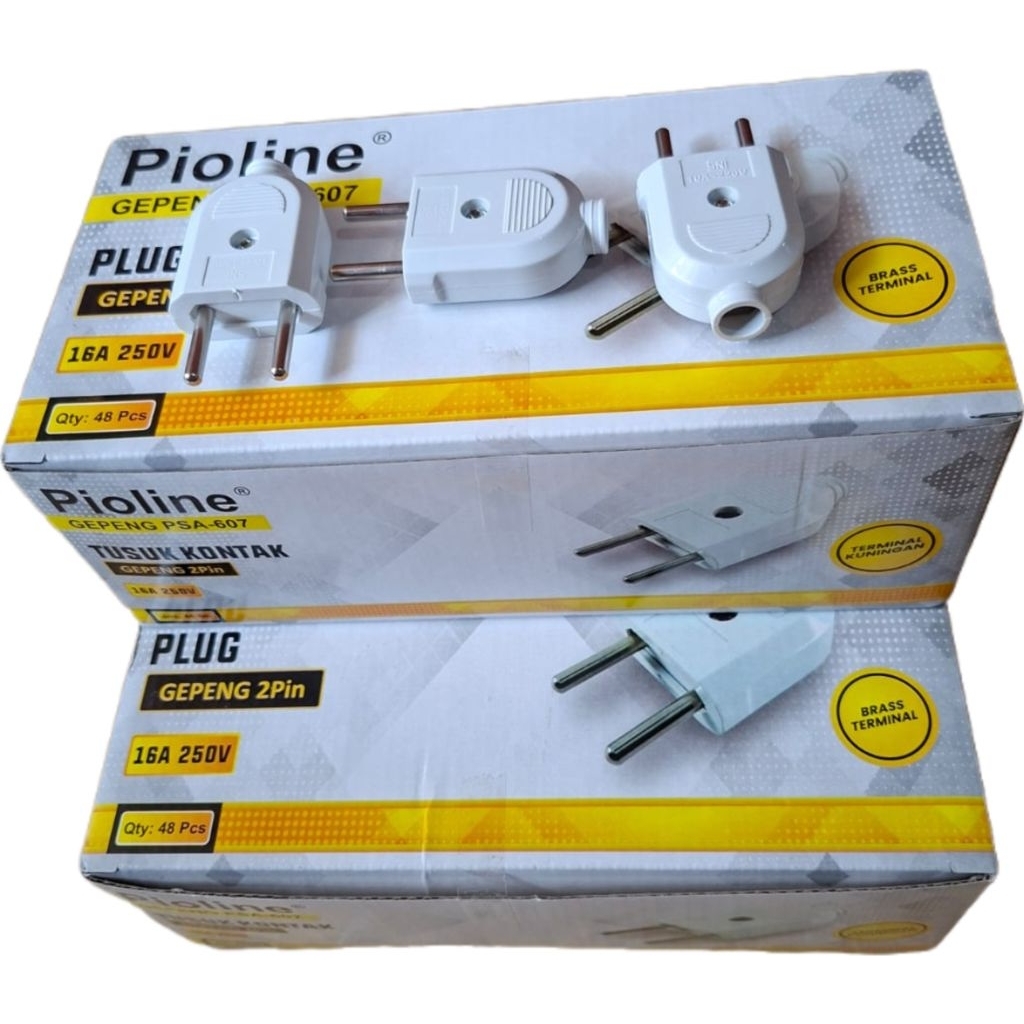 Grosir Steker Gepeng Pioline Colokan Gepeng Soket Kuningan 2 Pin 250 V (48 pvs)