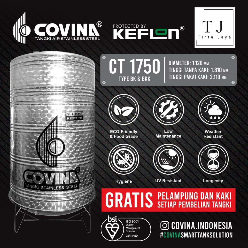 Tangki Air COVINA STAINLESS STEEL CT 1750 BK BKK Tandon Air Toren Air