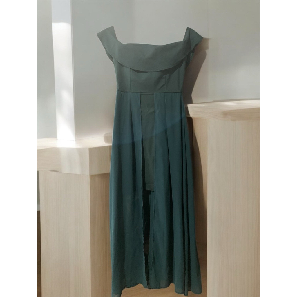 Dress Sabrina Elegan Warna Hijau Tua Wanita Dewasa / Gaun Pesta Promnight Party Premium Jusyco - Pre