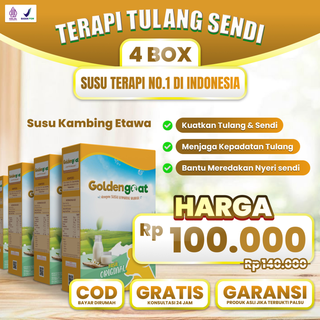 

Promo 4 Box GoldenGoat Susu Kambing Etawa 200gr – Nutrisi Lengkap, Enak & Tanpa Bau Prengus