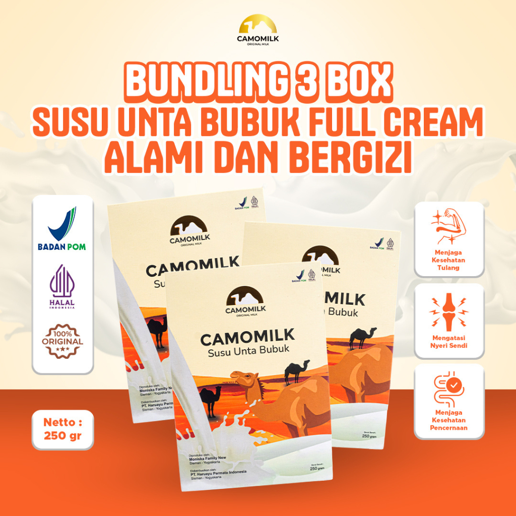 

CAMOMILK BUNDLING 3 BOX – Susu Unta Bubuk Full Cream Kesehatan Tulang dan Sendi