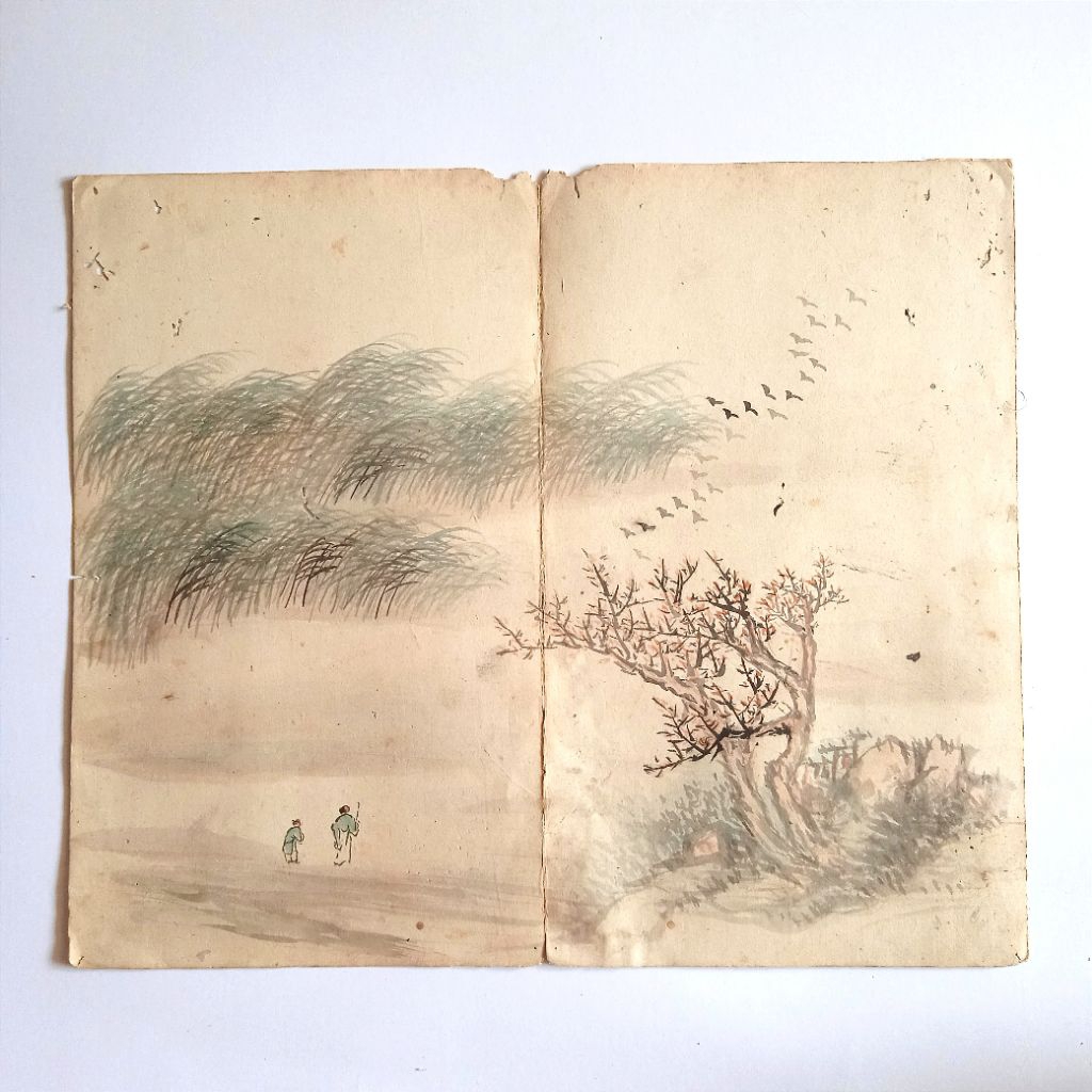 Antik Lukisan Kertas Cina Tinta Basah Pemandangan Landscape Tua Langka Layak Koleksi