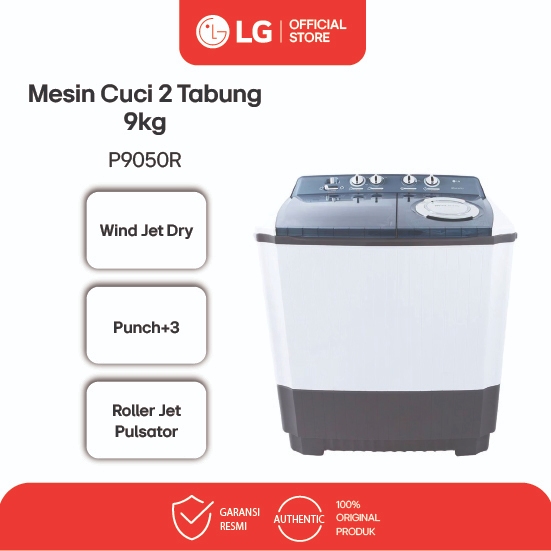 LG Mesin Cuci 2 Tabung 9kg - Roller Jet Pulsator - 3 Punch -  Wind Jet Dry - P9050R