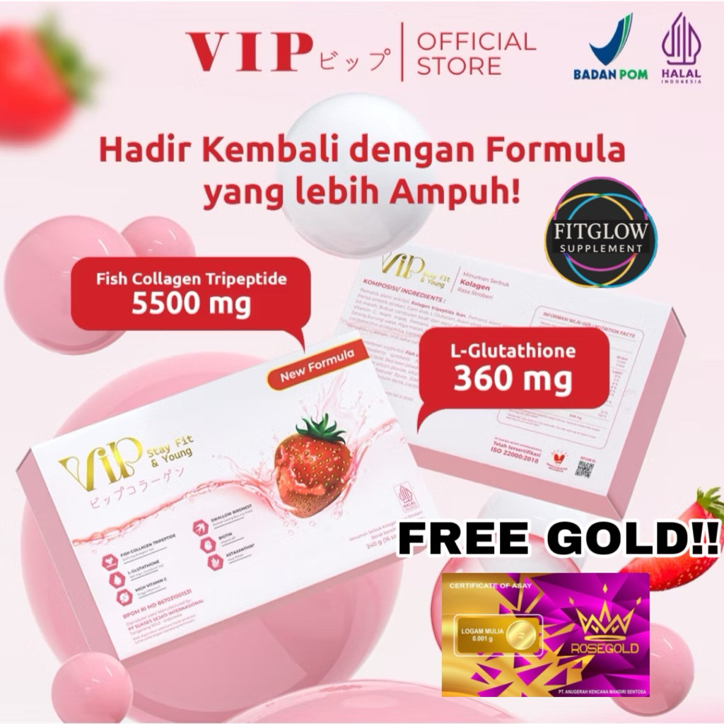 

[FREE GOLD!] 1 BOX VIP Collagen New Formula KOREA- VIP PLUS 40+ Minuman Kolagen 5500mg + Glutathione 360mg Glowing Pencerah Pelembab Kulit Wajah Muka Glowing Halal BPOM