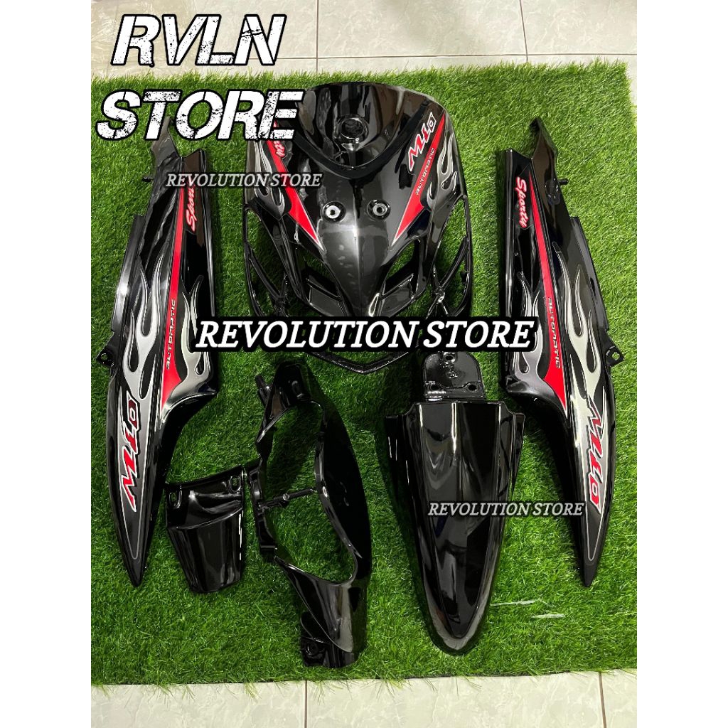 Cover ful body halus full set bodi Alus Yamaha Mio smile hitam plus striping api