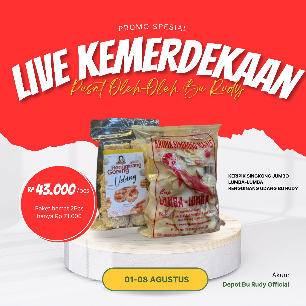 

[LIVE MERDEKA] Paket Renyah Rengginang Udang Bu Rudy & Keripik Lumba Lumba II Pusat Oleh Oleh Bu Rudy