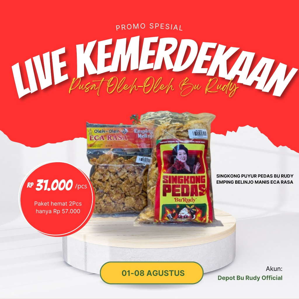 

[LIVE MERDEKA] Paket PMG (Pedas, Manis, Gurih) Singkong Pedas Bu Rudy , Emping Blinjo Manis Eca Rasa II Pusat Oleh- Oleh Bu Rudy