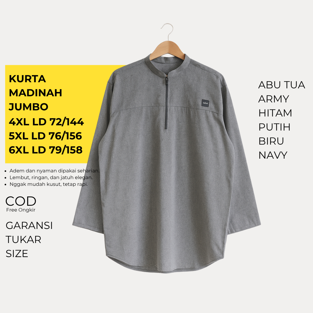 Koko Kurta Jumbo 4XL 5XL 6XL | Bahan Cotton Madinah Premium | Baju Koko Pria Besar Adem & Elegan