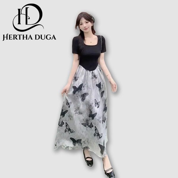 Hertha Duga dress hitam bunga jumbo dress lengan pendek korea style elegan dan mewah  terbaru 2025 w