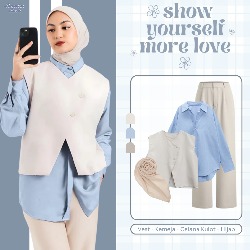 Felicia One Set Wanita ( Hijab + Vest + Kemeja + Celana) Setelan Outfit Kekinian OOTD Casual Formal