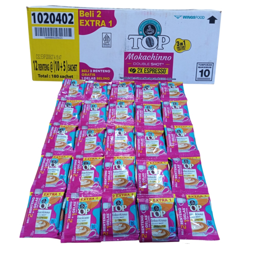 

1 Dus TOP Kopi Mocachinno Double Shot 2x Espresso 22g 10+5 sachet Coffee Paket 12 Rtg 180 Sachet