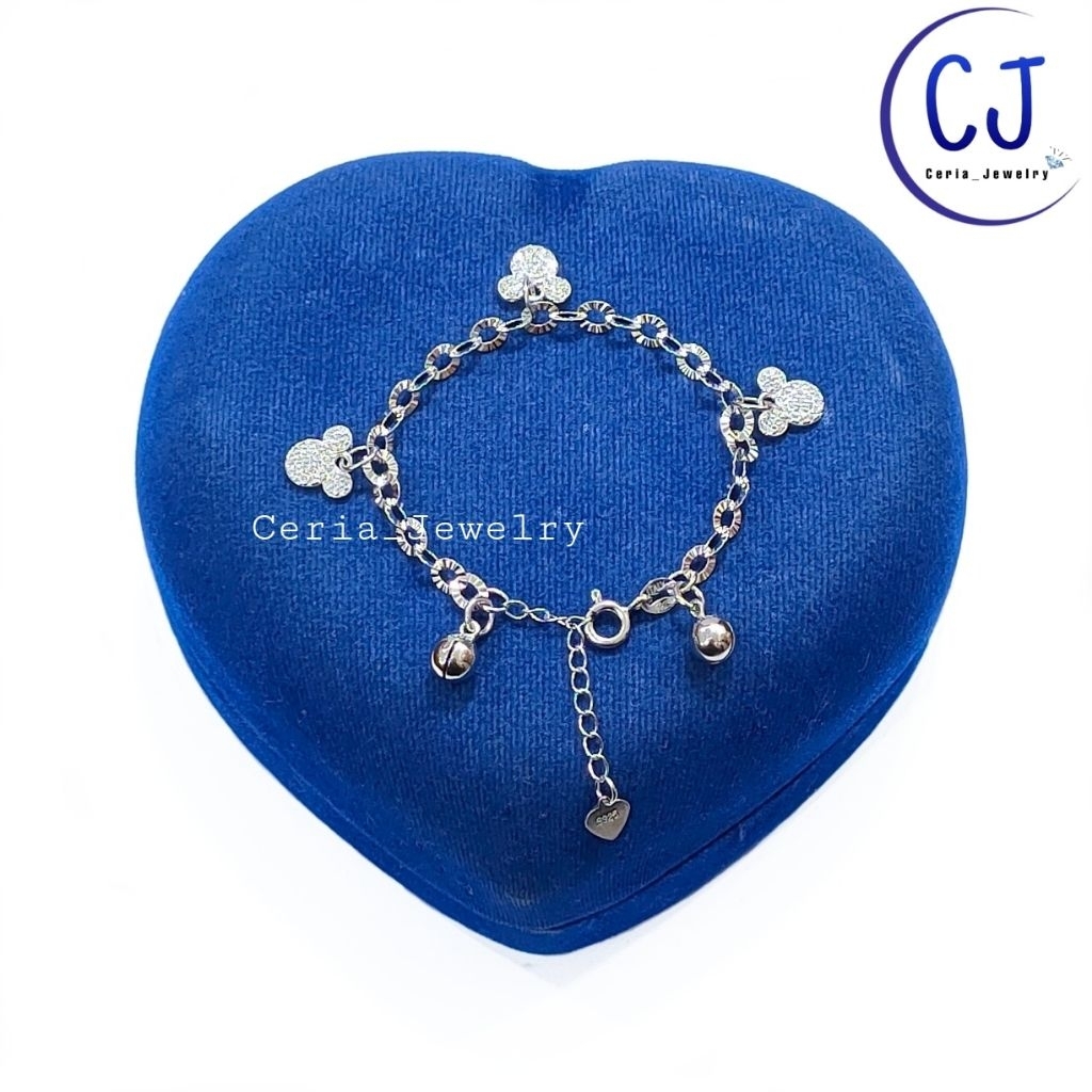 Gelang Perak Anak Bayi Asli Silver 925 Lapis Emas Putih Model Rantai Nori Ukir Mickey Mouse - Gelang