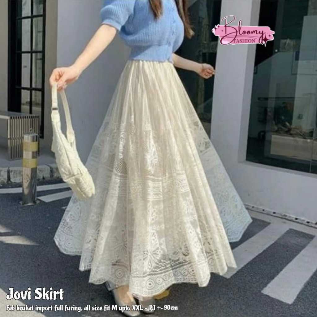 Cantik Sekali Rok Panjang Maxi Skirt Evian Lace Elastic Waist Tile Brokat Cream Hitam Putih Polos Ko