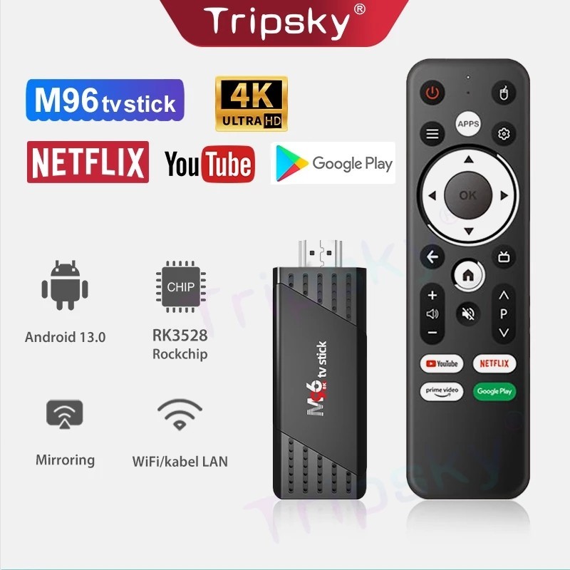 Tripsky M96 TV Stick Voice 8K HD Smart TV Box Android 13.0 OS Ram 4GB ROM 32GB Android TV Stick