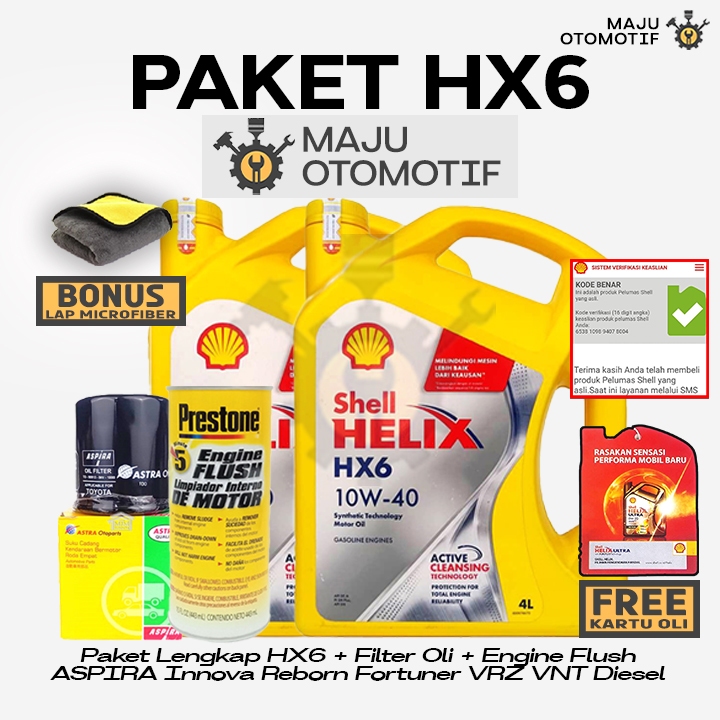 [GRATIS FILTER OLI] PAKET LENGKAP Ganti Oli Mesin Shell Helix HX6 SAE 10W-40 8 Liter Engine Flush AS