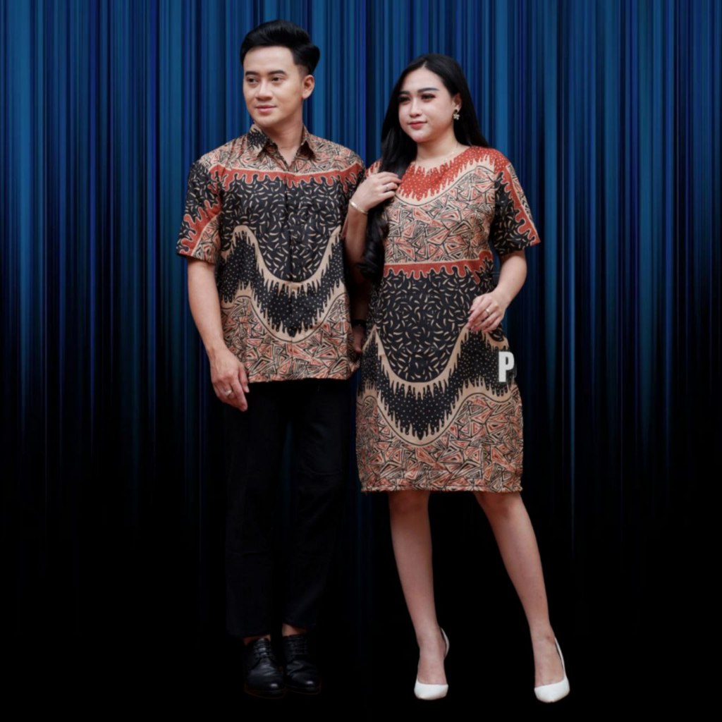 Couple Dress Batik Lengan pendek motif terbaru Ombak Orange harga sepasang baju couple dress batik k