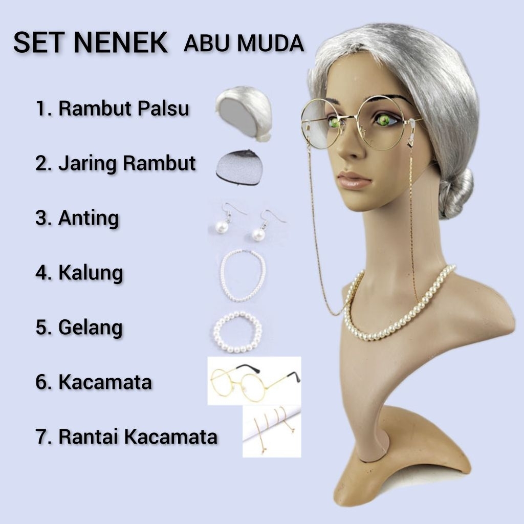 SET Rambut Palsu + Aksesoris Nenek Grandma Wig Granny Cosplay