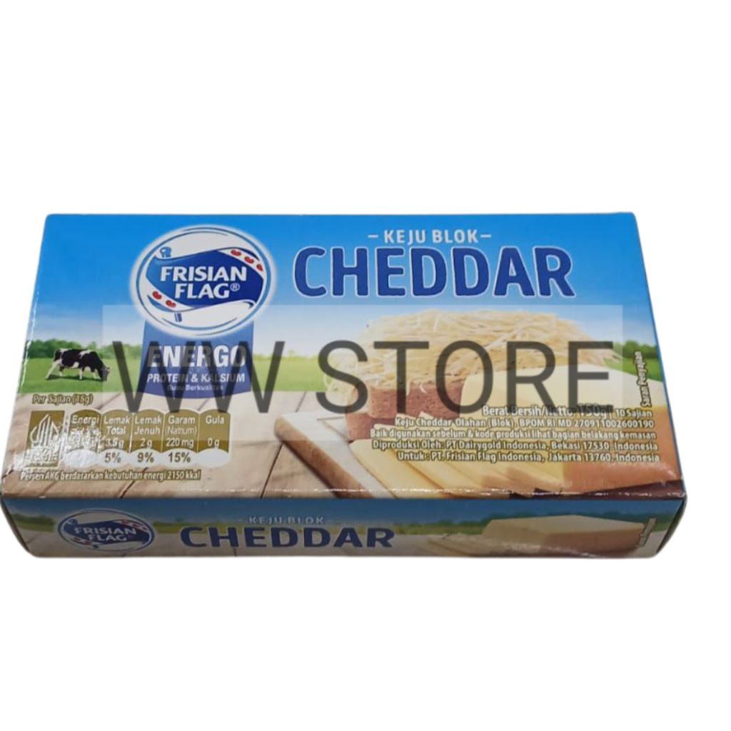 

Keju olahan bentuk blok halal MUI FRISIAN FLAG ENERGO Protein & Kalsium Susu Berkualitas CHEDDAR CHEESE block 150g