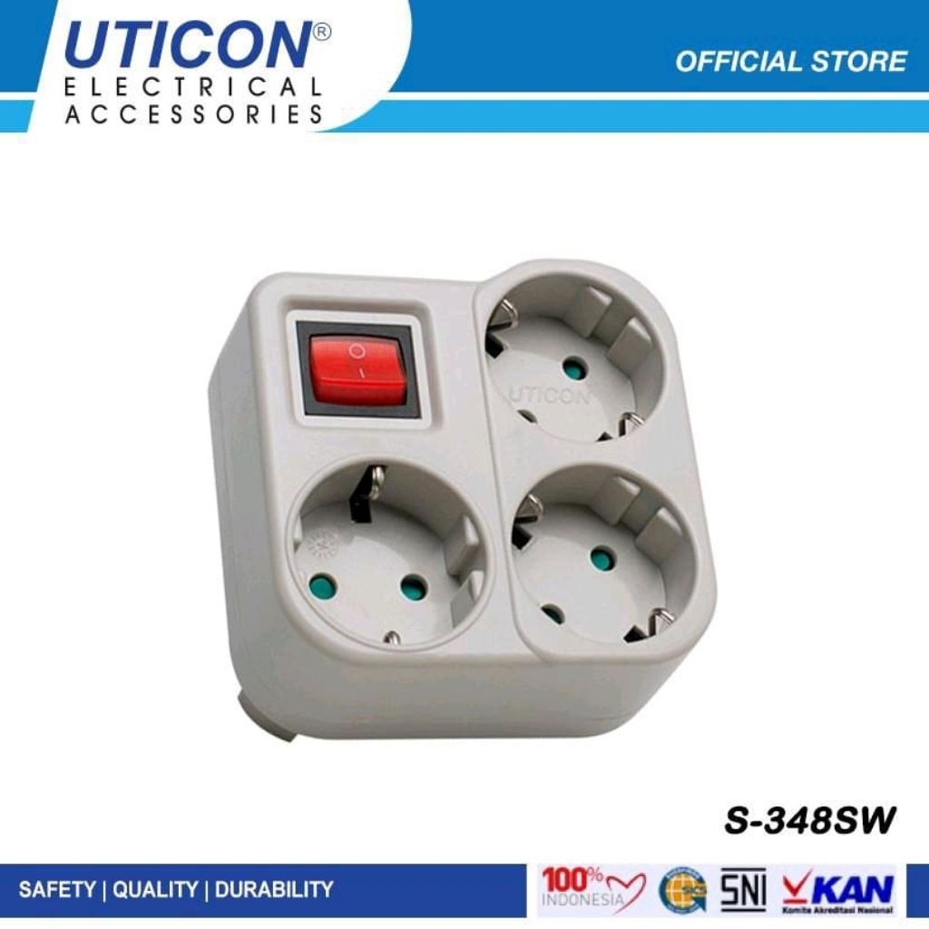 Stop Kontak Arde 3Lubang + Saklar Colokan Uticon S348Sw Cok Sambung 3L+Switch Uticon S 348 Sw
