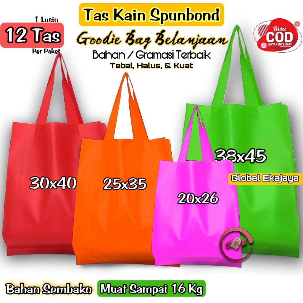 

Lusinan 12 Tas Spunbond Goodie Bag Tali Uk 38x45x10 30x40x10 25x35x10 20x26x10 Totebag Godybag Kain