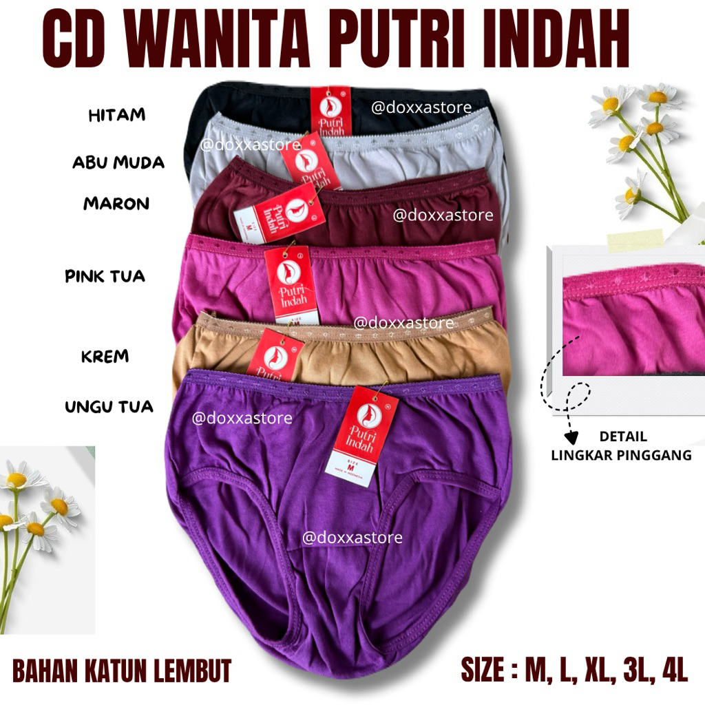 3,6,12Pcs CD Celana Dalam Wanita Katun Polos Lembut Nyaman Putri Indah HS talent