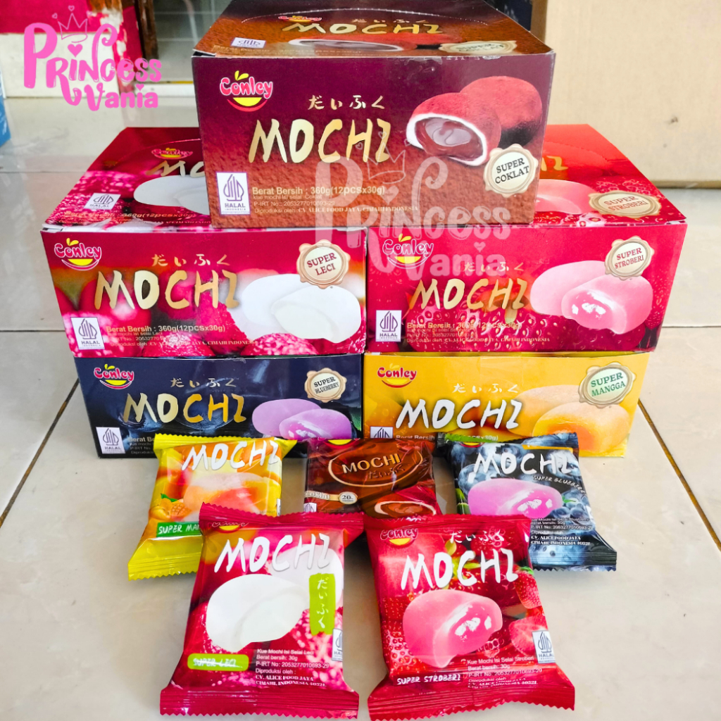 

1 PACK ISI 12PCS CONLEY MOCHI SUPER COKLAT STROBERI BLU PREMIUM 30GR KEMASAN MINI KUE VIRAL