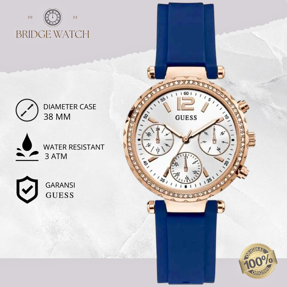 Jam Tangan Wanita Guess GW0113L3 Original Analog Chronograph Rubber Blue Strap Silicone Biru Cewek D