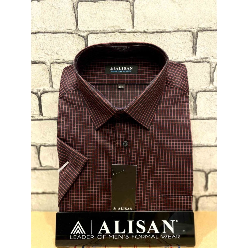 Alisan Kemeja Motif Kotak garis Hitam Kecil Lengan Pendek Reguler