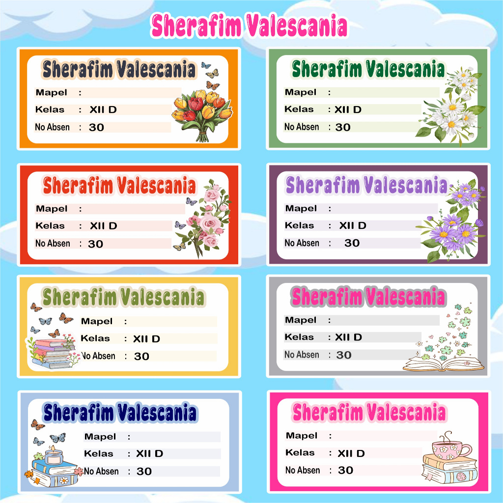 

Stiker Label Nama Buku Karakter Bunga Custom Cetak Nama