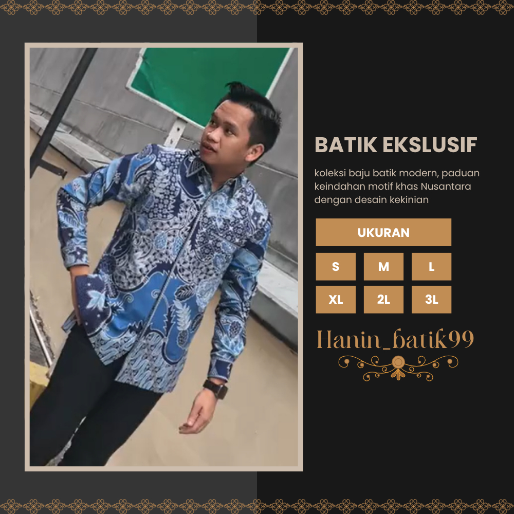 Baju Batik Pria Cowok Lengan Panjang Biru Eksklusif Premium Keren 100% Original