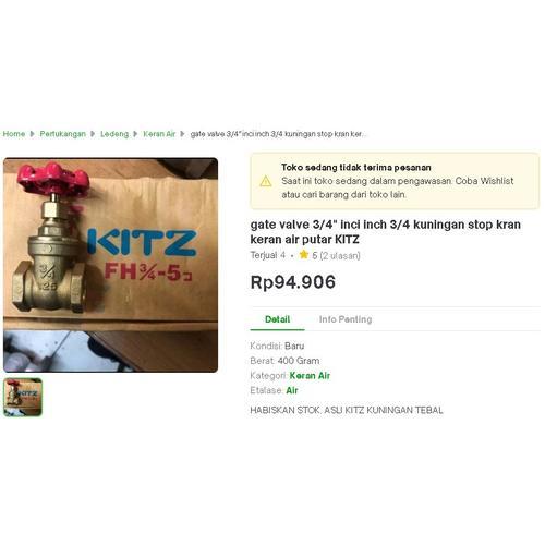 

gate valve 3/4" inci inch 3/4 kuningan stop kran keran air putar KITZ