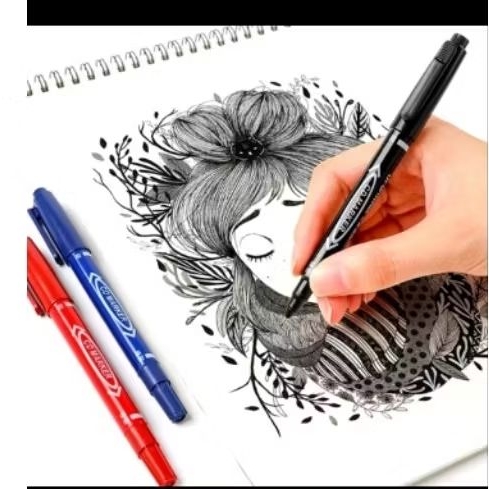 

Spidol Double Marker 2 Sisi [Dual Tip Premium] - Spidol Pulpen 2 in 1 Hitam/Merah/Biru, Tinta Awet Anti Kering