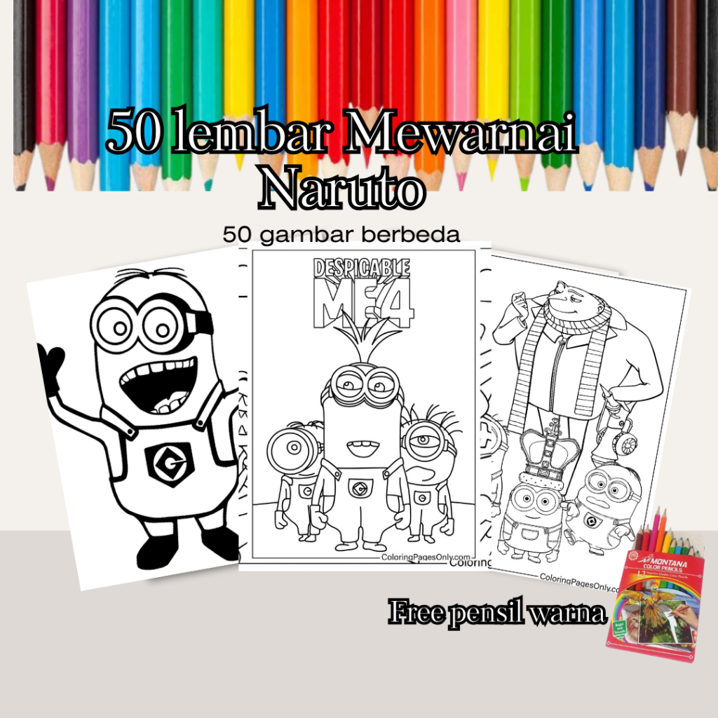 

50 Lembar Kertas Mewarnai Minion A5 Gratis Pensil Warna
