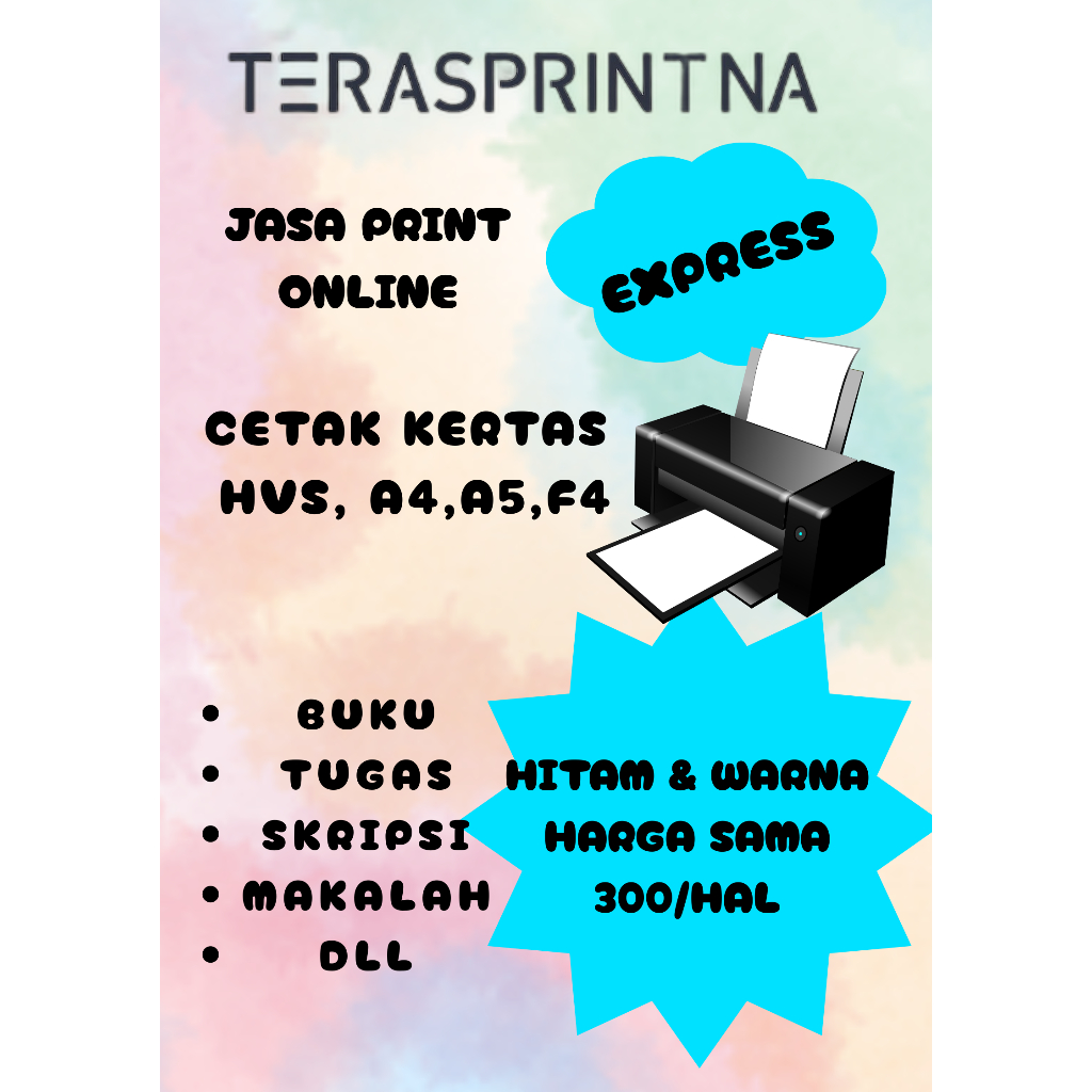 

JASA PRINT / CETAK HITAM PUTIH / WARNA CEPAT TERMURAH A5/A4/F4 75 gsm, BUKU, BROSUR, MAKALAH, SKRIPSI, DLL