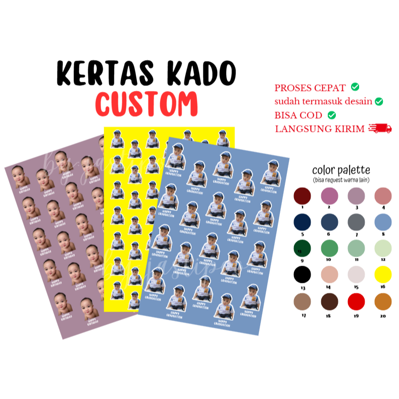 

[LGSNG KIRIM, min order 1] KERTAS KADO CUSTOM (A3+) pakai foto sendiri/idol bias kpop bts | cetak gift paper viral