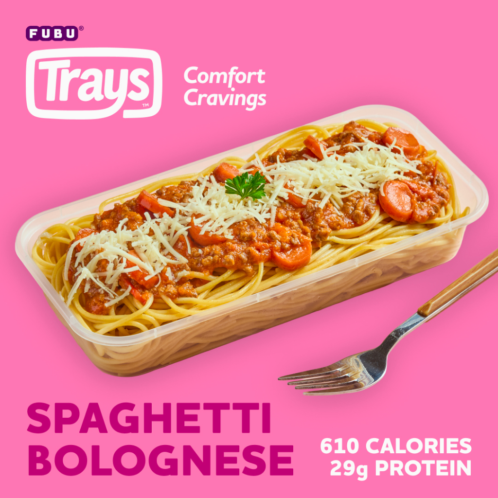 

FUBU Trays - Comfort Cravings - Spaghetti Bolognese with Beefy Red Sauce, Sausages, and Cheese - Pasta Tomat Wow Spageti dgn Daging Sapi Cincang dan Sosis - Satu Porsi Lauk Instan Siap Makan Frozen Microwave Ready Meal