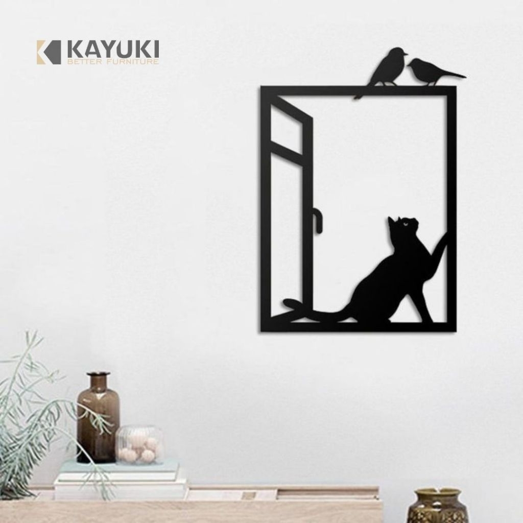 Hiasan Dinding Motif Kucing Burung di Jendela Pajangan Dinding Walldecor Kayu Dekorasi Rumah Minimal