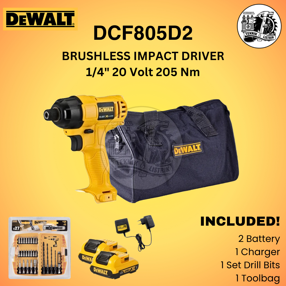 DEWALT BRUSHLESS DCF805 Mesin Atomic Impact Driver Kit Dewalt 2.0Ah 12V DCF805D2A-B1