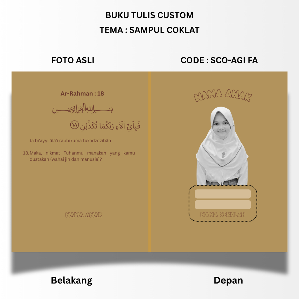 

BUKU TULIS CUSTOM - TEMA SAMPUL COKLAT TUA AGAMA - STANDART UKURAN SIDU 160X210 - BISA PAKAI FOTO ANAK ASLI ATAU UBAH KE KARTUN