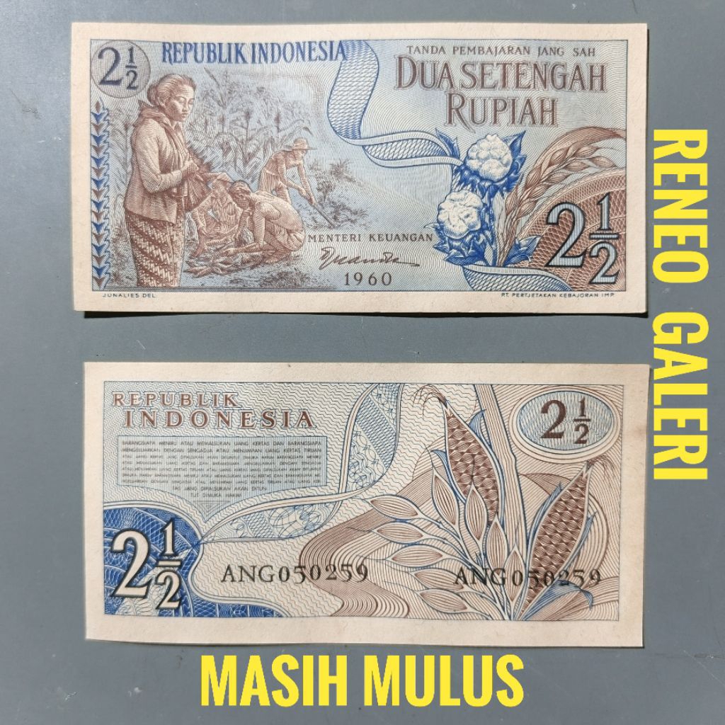 Mulus asli Rp 2½ Rupiah Tahun 1960 1961 Uang kertas Kuno duit jadul lawas lama original antik 2,5 2 